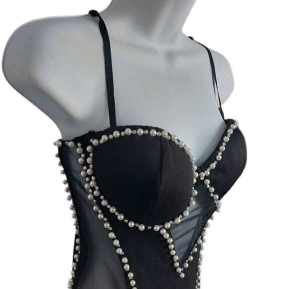 Sexy Black Mini Dress with Pearls Fits Size Small - Picture 2 of 4